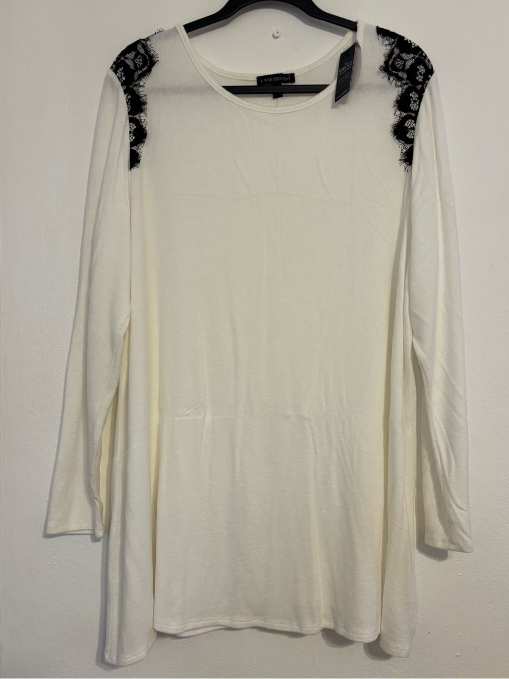 Lane Bryant Cream Tunic Top with Black Lace Shoulder Accents